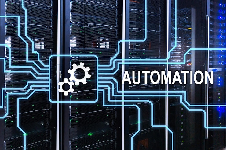 Photo automation of business process and innovation technology in manufacturing internet and technology concept on server room background