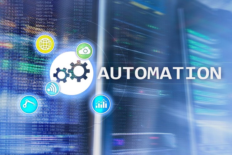 Photo automation of business process and innovation technology in manufacturing internet and technology concept on server room background