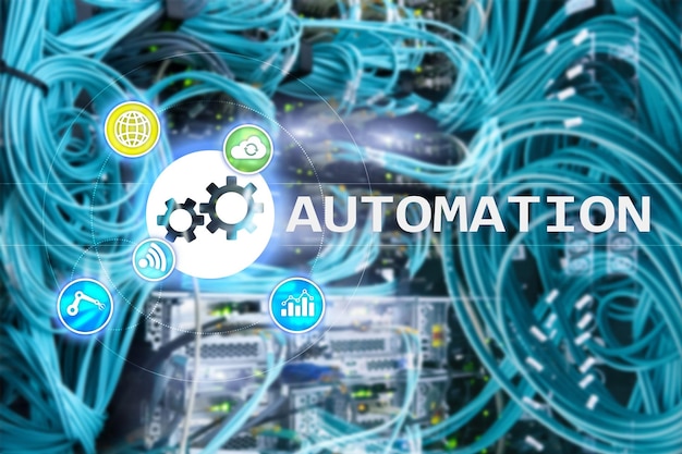 Foto automazione del business processo e innovazione tecnologica nella produzione internet e concetto tecnologico sullo sfondo della sala server