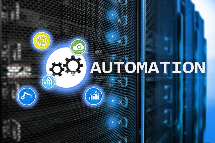 Photo automation of business process and innovation technology in manufacturing internet and technology concept on server room background