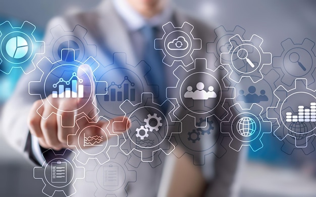 Automation for business technology management and workflow diagram with gears and icons with flowchart in background