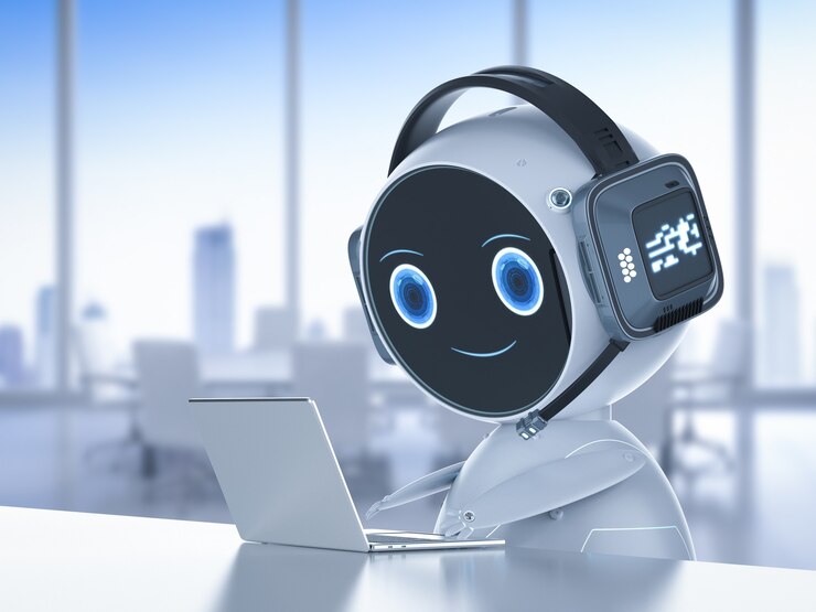 Photo automation customer service concept with robot working with headset and notebook