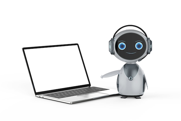 Automation customer service concept with robot working with notebook