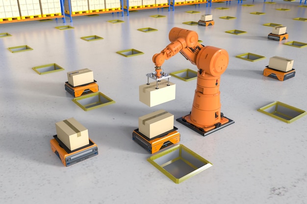 Automation factory or cargo with robot arms and warehouse robots