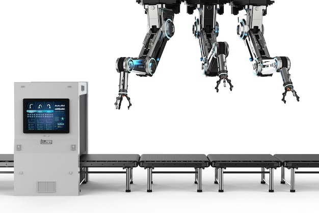 빈 컨베이어 벨트가 있는 3d 렌더링 로봇 조립 라인이 있는 자동화 공장 개념