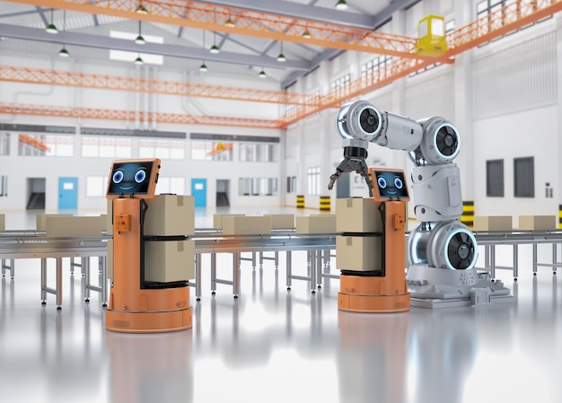 倉庫ロボットとのロボットアーム作業による自動化工場のコンセプト