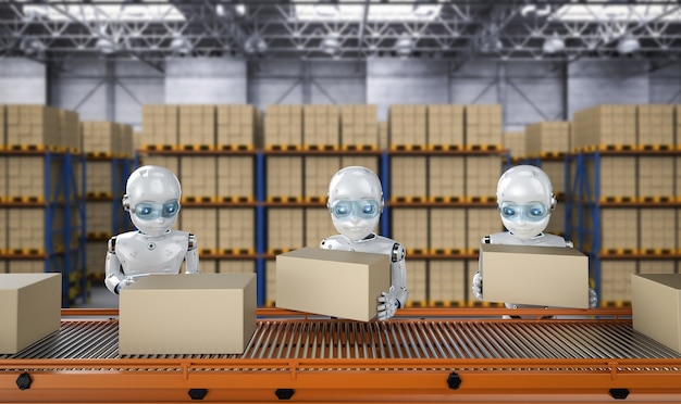 Фото Концепция завода по автоматизации с роботом-рендерингом 3d с коробками на конвейерной линии на заводе