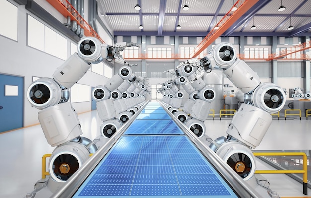 Завод автоматизации с линией сборки роботов производит солнечные панели