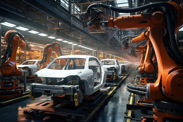 Automation industry concept Automotive assembly line in factory 3D rendering robotic car production line AI Generated