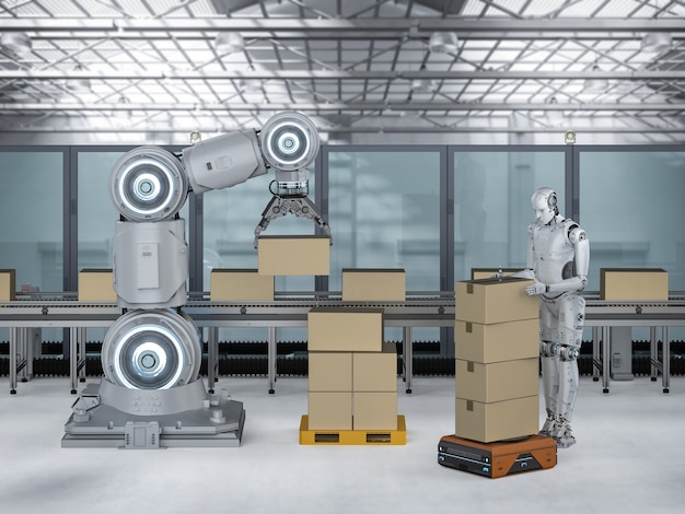 Automation industry concept with 3d rendering robot arm with cardboard boxes on conveyor belt