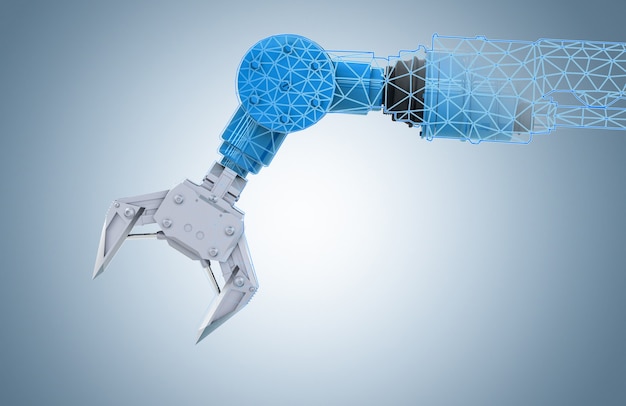 Foto concetto di industria dell'automazione con braccio robotico di rendering 3d con wireframe