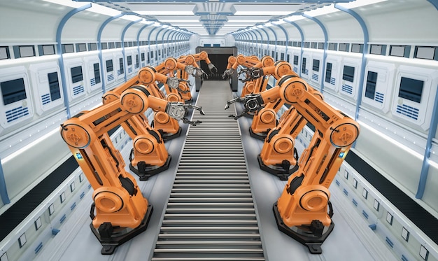 Концепция индустрии автоматизации с линией сборки роботов 3D-рендеринга на заводе