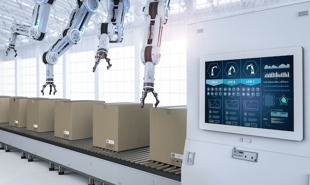 Концепция индустрии автоматизации с 3d-рендерингом сборочной линии роботов на заводе