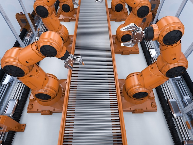 Automation industry concept with 3d rendering robot assembly line in  factory