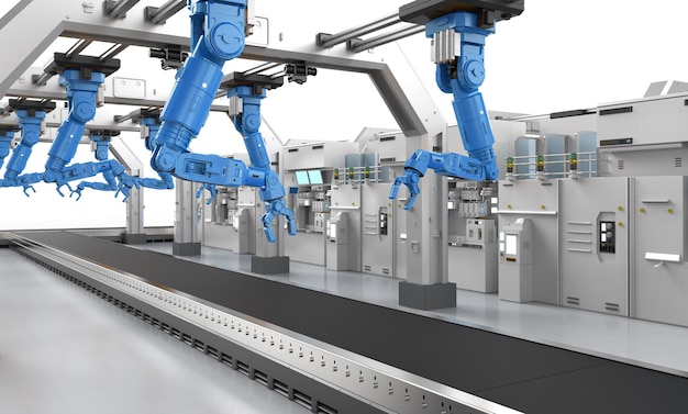 Concetto dell'industria dell'automazione con linea di assemblaggio di robot in fabbrica