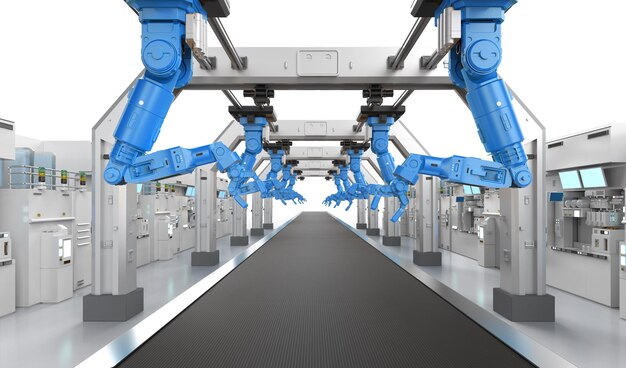 Concetto dell'industria dell'automazione con linea di assemblaggio di robot in fabbrica