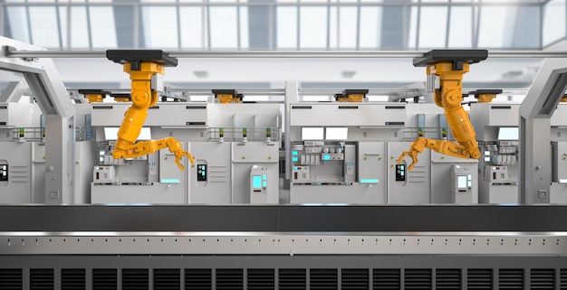 Photo automation industry concept with robot assembly line in factory