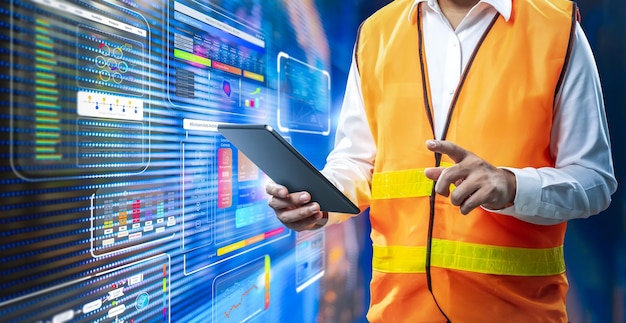 automation industry with engineer work with digital graphic interface