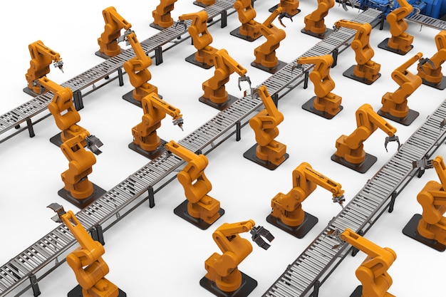 Промышленность автоматизации с роботизированными манипуляторами с конвейерными линиями
