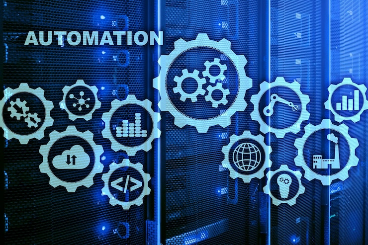 Photo automation productivity increase concept technology process on a server room background