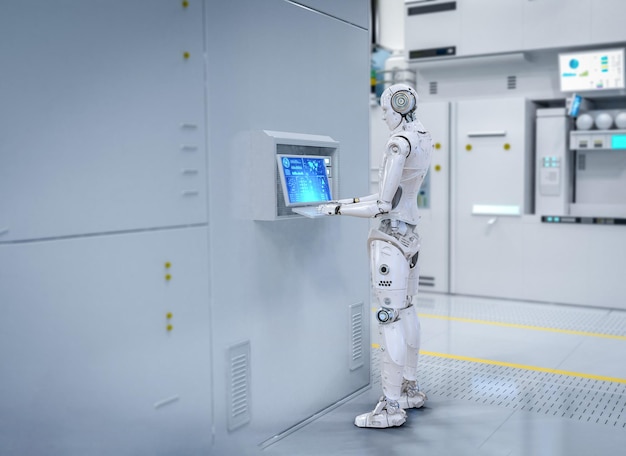 半導体工場や実験室で働くロボットによる自動半導体製造