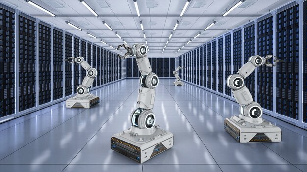 Automation server room with 3d rendering group of robot arms
work in server room