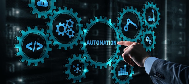 Automation Technology Process Businessman is pressing on the virtual screen