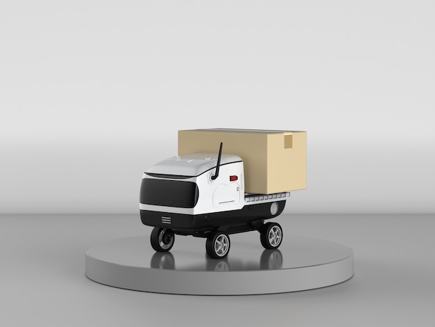 Automation warehouse concept with 3d rendering delivery robot carry box