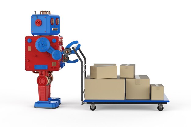 Automation warehouse concept with 3d rendering robot with cardboard box