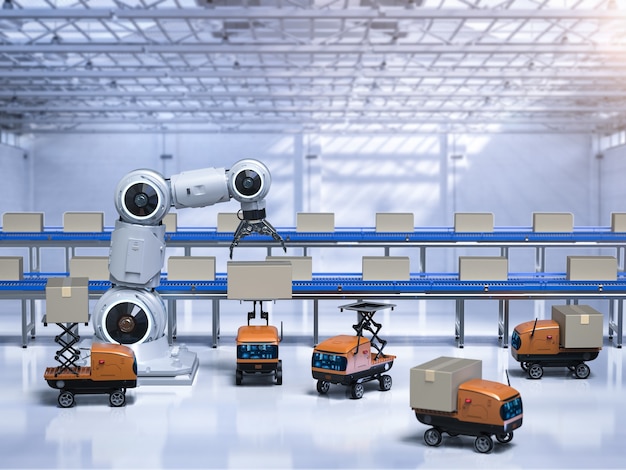 Photo automation warehouse with delivery robots carry boxes