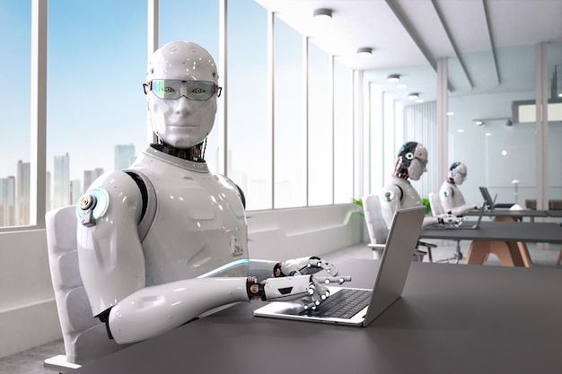 automation worker concept with 3d rendering ai robot working in smart office 