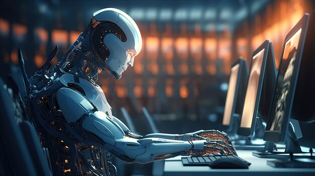 Automation worker concept with 3d rendering cyborg or robot work on desktop computer Generative AI