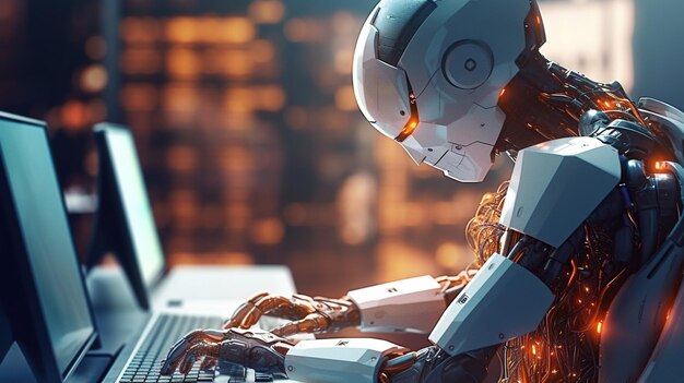 Automation worker concept with 3d rendering cyborg or robot work on desktop computer Generative AI