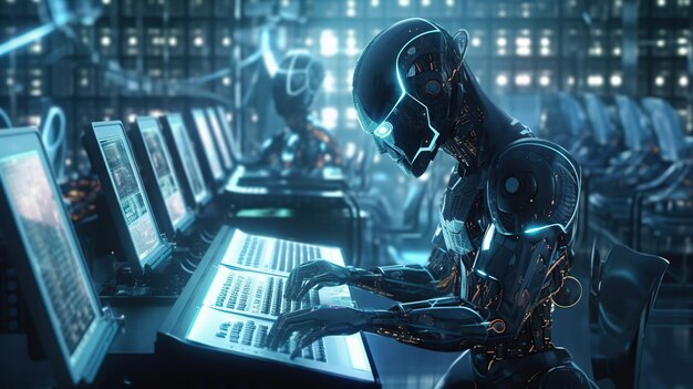 Automation worker concept with 3d rendering cyborg or robot work on desktop computer Generative AI