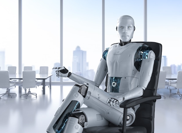 Концепция работника автоматизации с роботом 3d-рендеринга, работающим в офисе