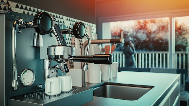 Foto automatisch koffiezetapparaat in huis. 3d-rendering en illustratie.