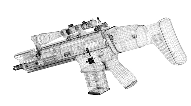 Automatisch pistool op achtergrond, carrosseriestructuur, draadmodel