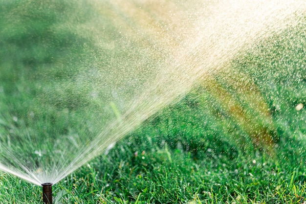 Automatisch sproeisysteem voor gazonsproeiers sproeit water in een cirkel op het gazon op een zomerdag