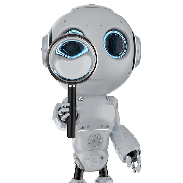 Automatisch zoeken met 3D-rendering robot houdt vergrootglas vast