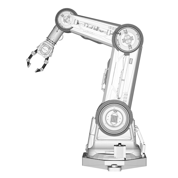 Automatisering fabrieksconcept met 3D-rendering draadframe robotarm geïsoleerd op wit