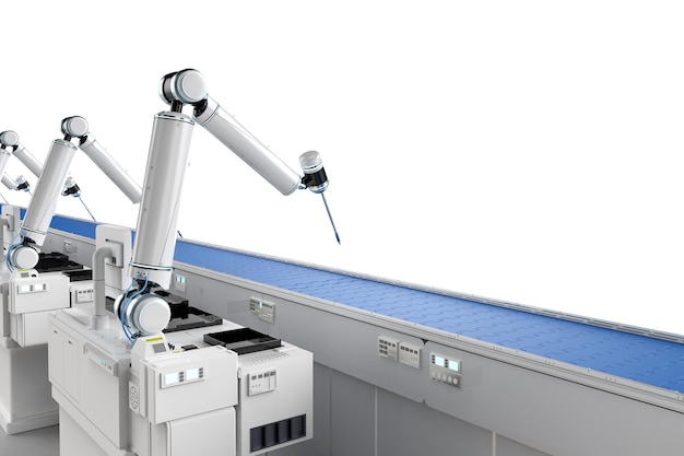 Automatisering industrie concept met 3d rendering robot assemblagelijn en lege conveyor band in de fabriek