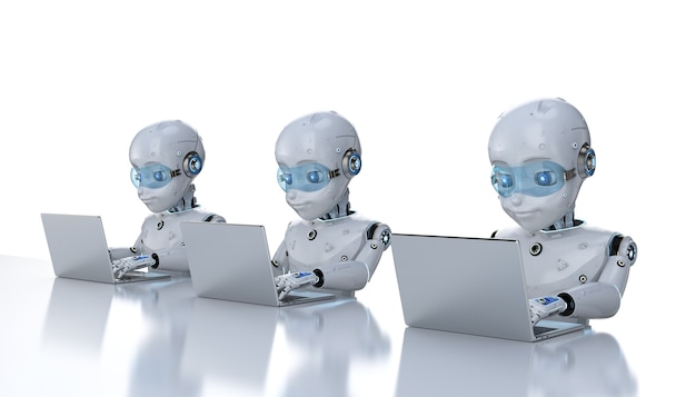 Automatisering kantoormedewerkers concept met 3D-rendering groep schattige robots werken met computer notebook geïsoleerd op een witte achtergrond