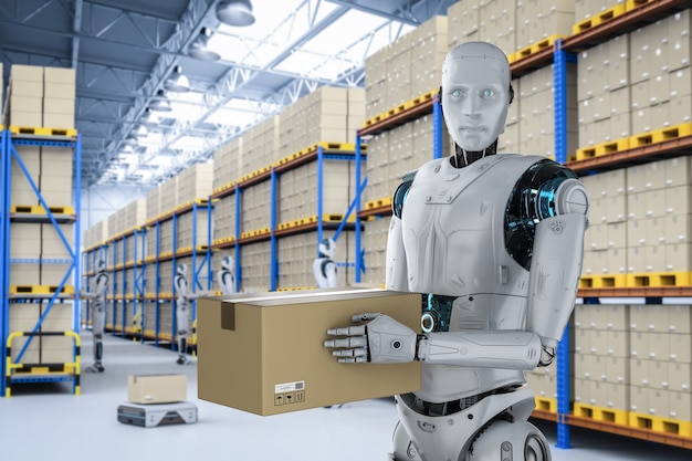 Foto automatisering magazijnconcept met 3d-rendering cyborg werk in magazijn