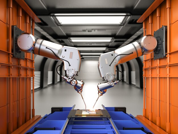 Automatisering van de industrie met een assemblagelijn voor robots in de fabriek