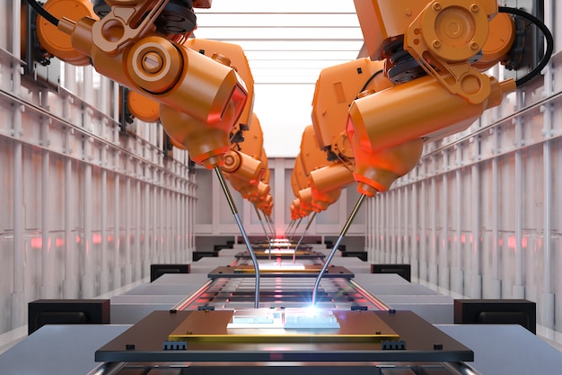 Automatisering van de industrie met een assemblagelijn voor robots in de fabriek