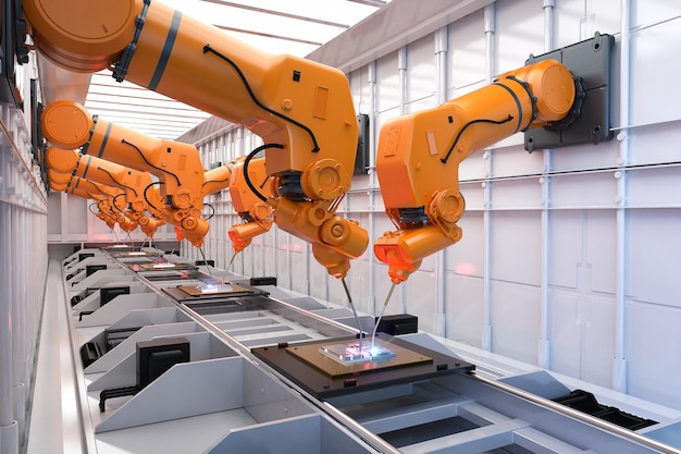 Automatisering van de industrie met een assemblagelijn voor robots in de fabriek