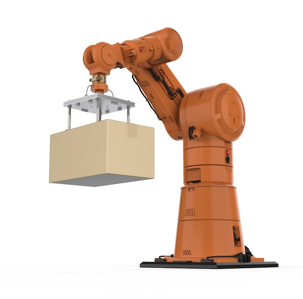 Automatiseringsfabriek of vracht met 3D-rendering robotarm draagt kartonnen doos