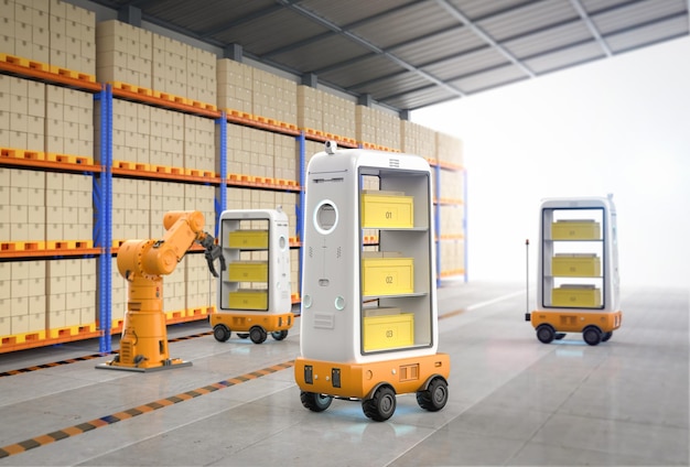 Automatiseringsfabriek of vracht met robotarmen en magazijnrobots