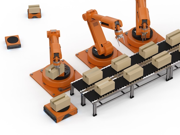 Automatiseringsfabrieksconcept met 3D-rendering robotarm met magazijnrobot en transportband