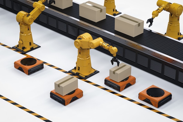 Automatiseringsfabrieksconcept met 3D-rendering robotarm met magazijnrobot en transportband